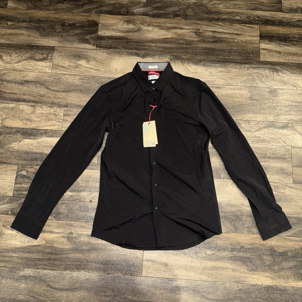 Truly Performance Dress Shirt Men's Size M Black Stretch Slim Fit Button-Down